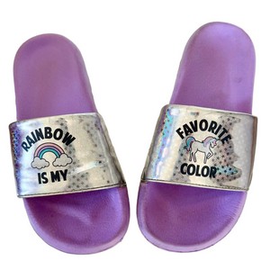 Rainbow is my favorite color purple & silver kids slides size 3/4